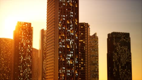 sunset aerial shot of skyscrapers of business centre