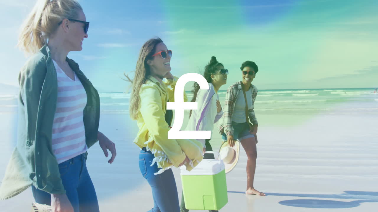 Group of friends walking on beach with currency symbol overlay animation