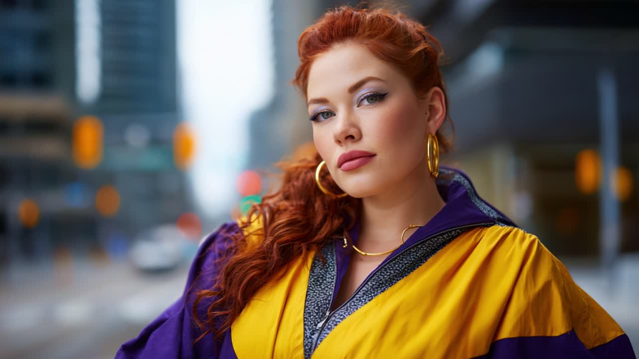 Giovane donna alla moda con capelli rossi e abbigliamento trendy che posa con sicurezza in una vivace strada cittadina, mettendo in mostra la moda urbana e l'individualità