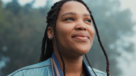 Face,-thinking-and-a-happy-woman-outdoor-in-nature