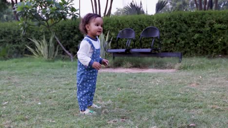 cute toddler trying to walk at park green grass from different angle