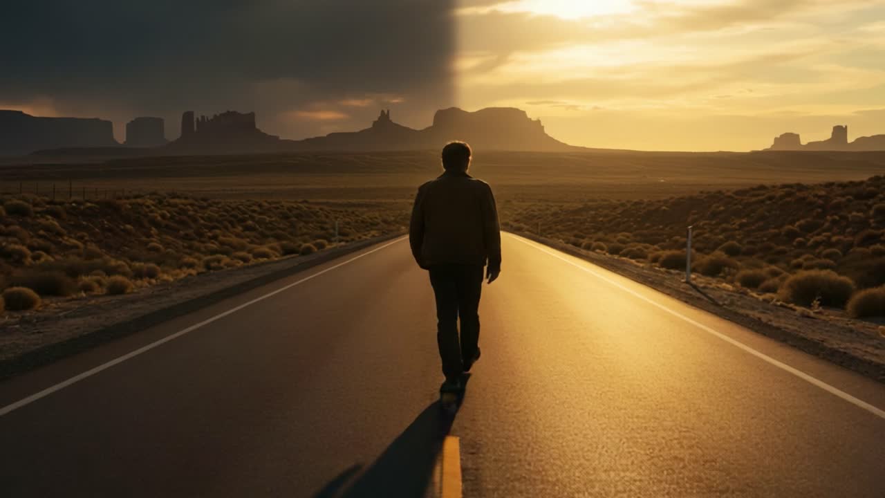 A lone figure walks along a deserted road, surrounded by the stunning beauty of vast landscapes and dramatic sunset hues, evoking a sense of solitude and reflection