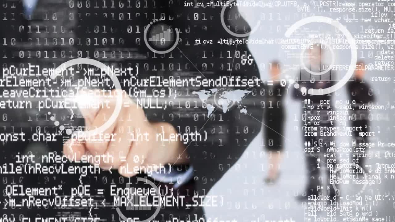 데이터 처리 및 바이너리 코딩의 애니메이션 비즈니스맨이 만지는 인터랙티브 스크린