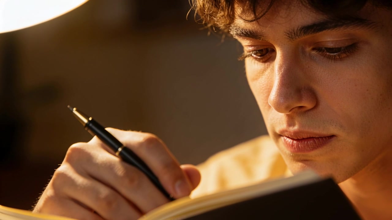 Studente con camicia chiara che abbassa la penna e inizia a prendere appunti su un quaderno alla scrivania sotto una lampada calda.