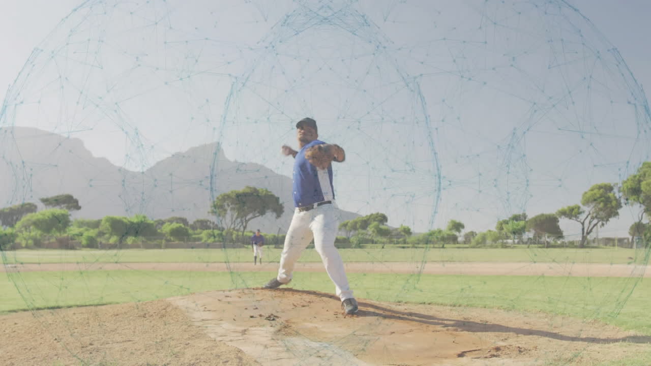 Baseball player pitching on field with digital network animation overlay