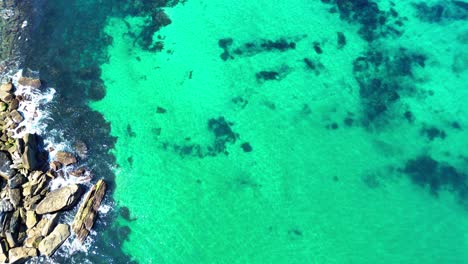 aerial-view-of-clear-ocean,-coral-reef,-rugged-coastline,-4k