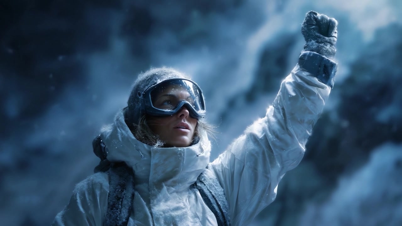 A determined adventurer triumphantly raises a fist in the harsh, icy wilderness, showcasing resilience and courage amidst the unforgiving elements of nature.