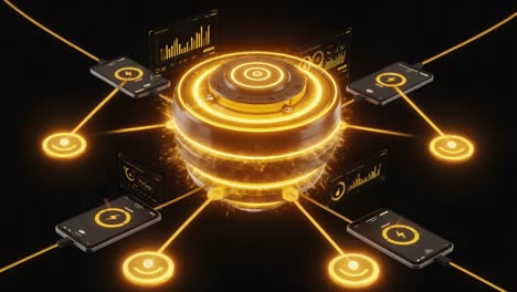 dynamic energy hub connecting multiple devices with radiating sparks and interactive interfaces, showcasing advanced technology and digital integration