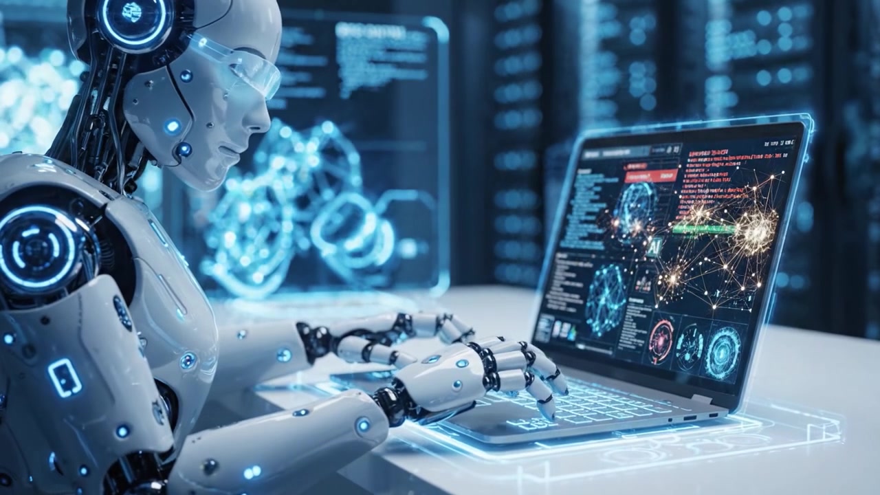 Advanced Robotic Intelligence Engaged in Complex Data Analysis and Cybersecurity Monitoring Within a High-Tech Digital Environment