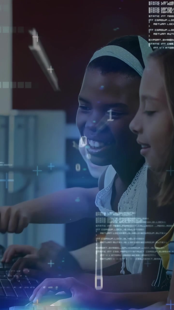 Headband girl reaching clicking typing, peers helping code overlay moving across screens for edtech