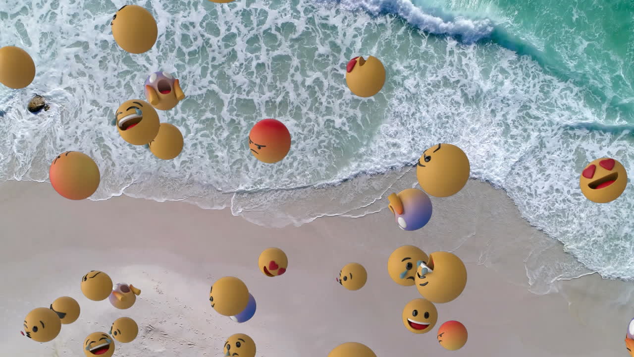 Digital composition of multiple face emojis floating against aerial view of the beach