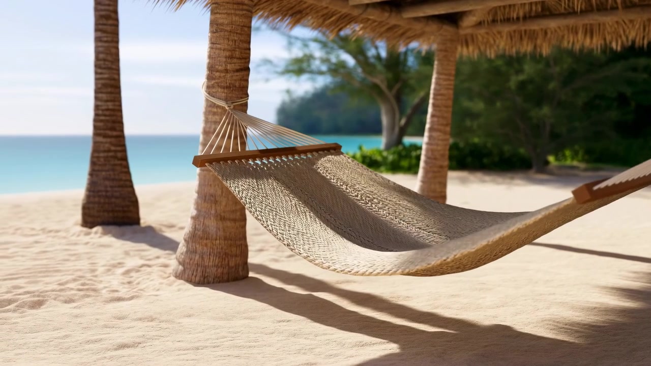 Un'amaca intrecciata rimane sospesa vicino ai tronchi di palma su sabbia chiara accanto alla vista sull'oceano, con ombre soffuse, colori naturali e un tranquillo ambiente tropicale catturati in un'ampia composizione esterna.