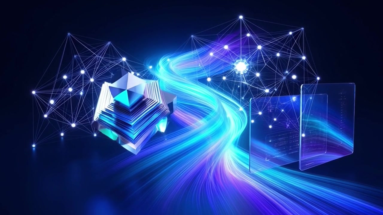 Concetto di tecnologia digitale astratta con forme geometriche luminose e flussi di dati