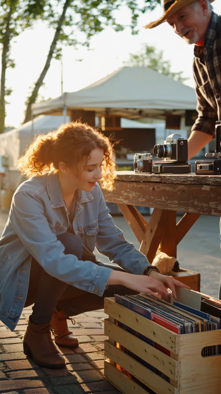 Donna che sfoglia dischi a un mercatino delle pulci all'aperto con macchine fotografiche vintage