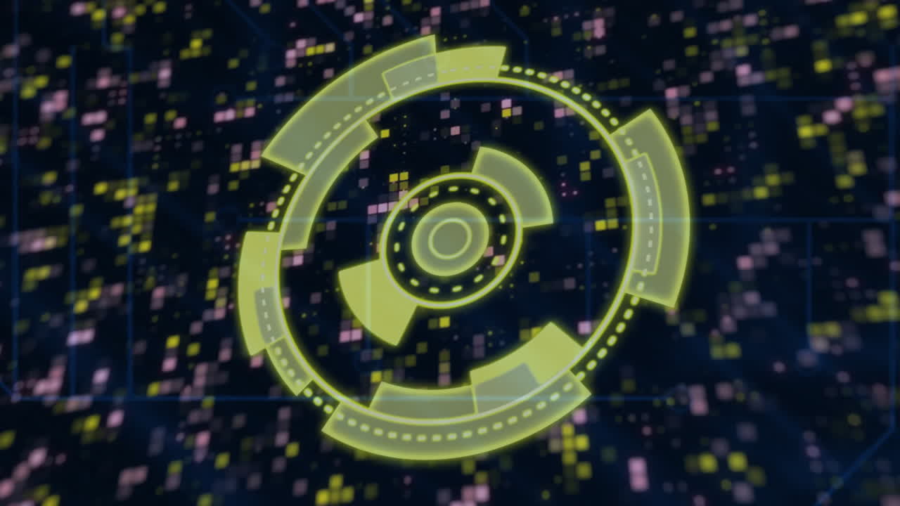 Glowing circular patterns in animation over futuristic digital interface background