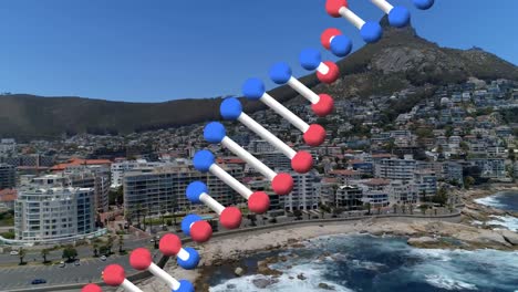 animation of rotating dna strand moving over mountain and modern coastal town