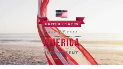 independence day text over waving american flag against view of empty beach