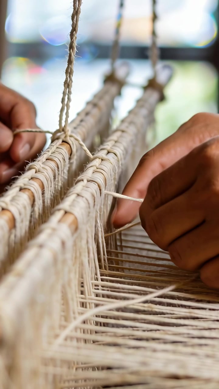 Vertical video: Positioning yarn, weaver threading, looping on loom with rods at shop, forming rows