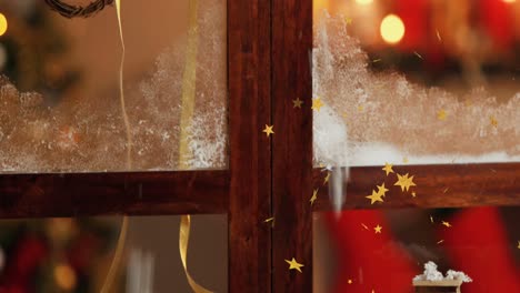 Animation-of-hohoho-text-in-red-over-falling-snow-and-window-with-christmas-decorations