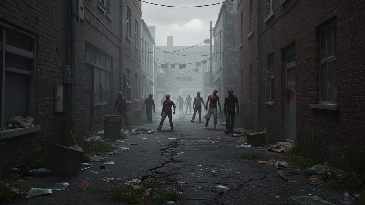 A Haunting Scene in an Abandoned Alley, Where Figures Stand Eerie in Misting Fog, Surrounded by Debris and Decay, Evoking a Sense of Mystery and Dread
