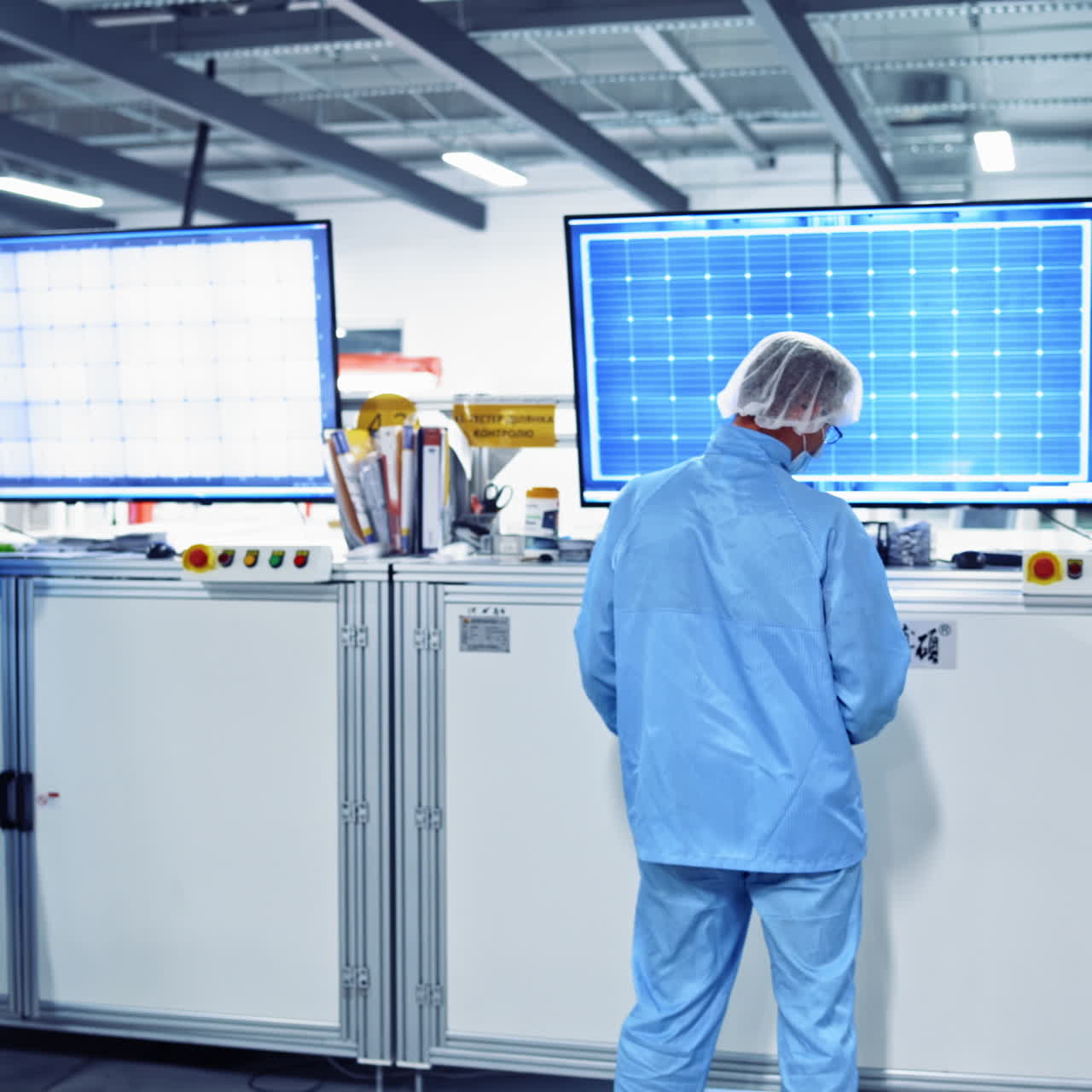 Modern technologically advanced factory. Workers adjust the operation of industrial machine on the big screen at industrial plant.