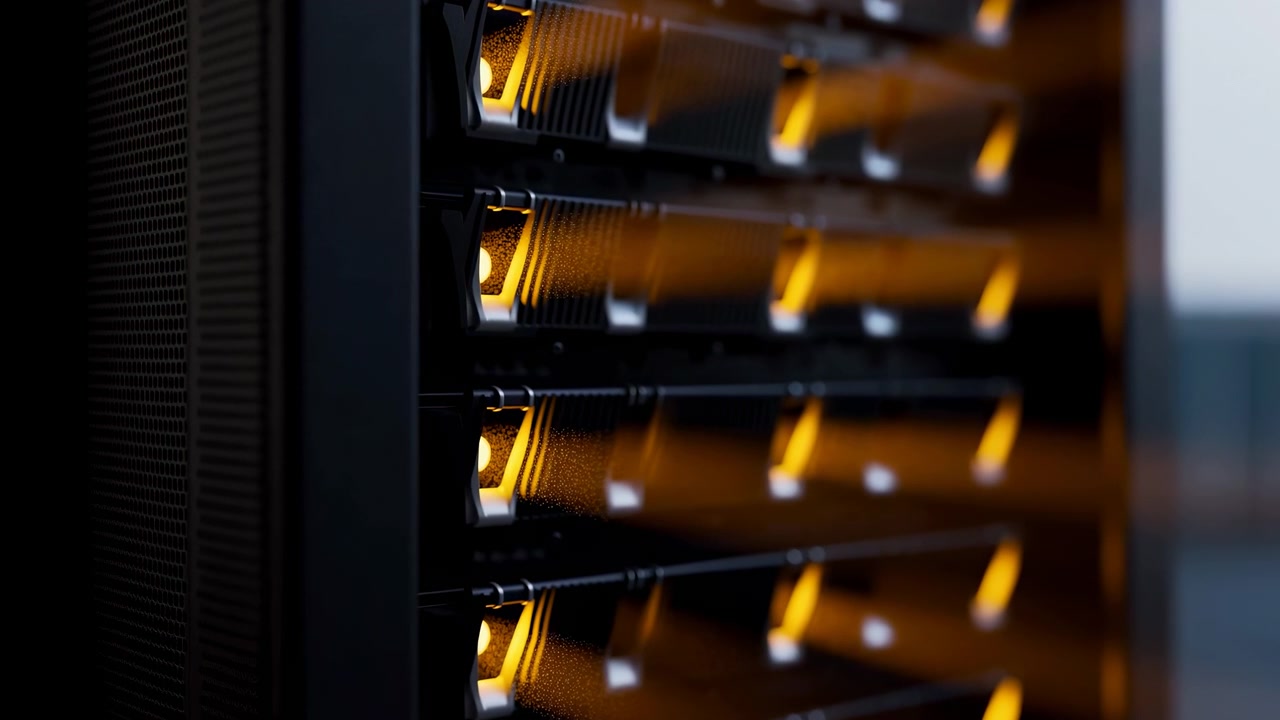 Close-up view of a dark metal server rack with rows of glowing amber indicator lights, set against a softly blurred data center background with technical