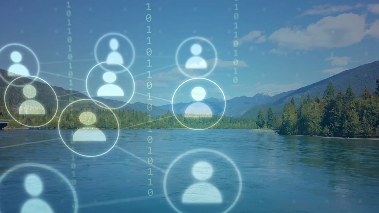 Glowing circle appearing over river duplicating nodes drifting linking and showing network