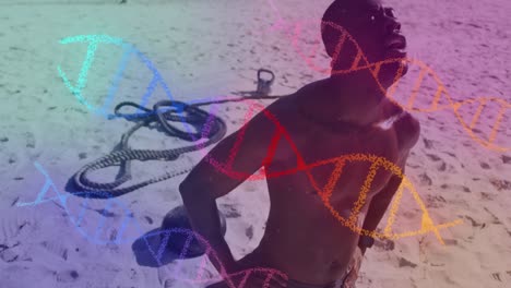 múltiples estructuras de adn coloridas contra un hombre en forma afroamericano cansado tomando un descanso en la playa
