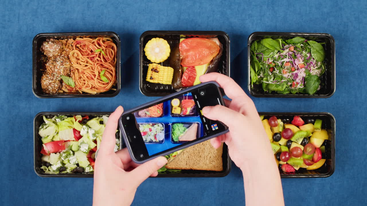 Manos haciendo una foto con un smartphone a unos recipientes de comida preparada saludable