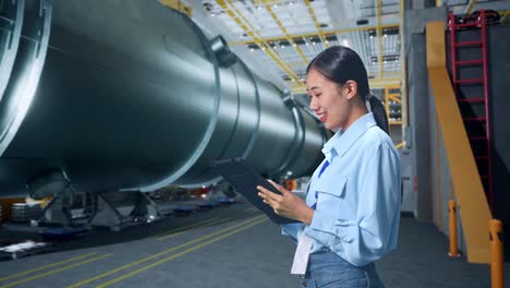 side view of asian business woman using tablet in pipe manufacturing factory