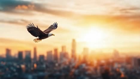 bald eagle flying over city at sunset