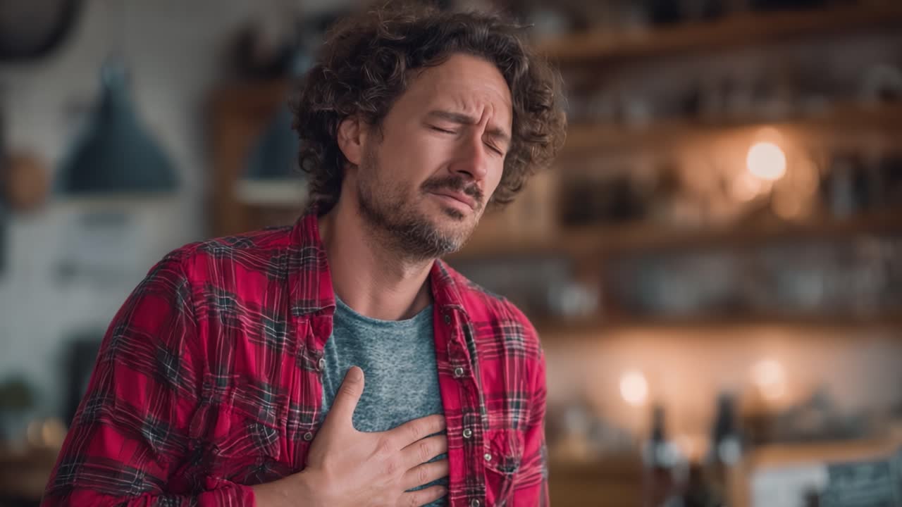 A man experiences distress and discomfort, gripping his chest with a pained expression, conveying a sense of urgency and concern for his health in a cozy, rustic setting