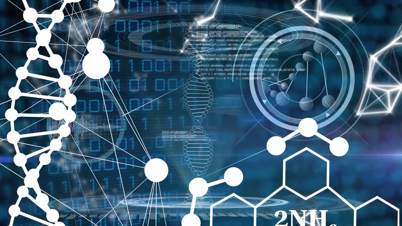 검은색 배경에서 데이터 처리를 통해 dna 가닥과 분자의 애니메이션