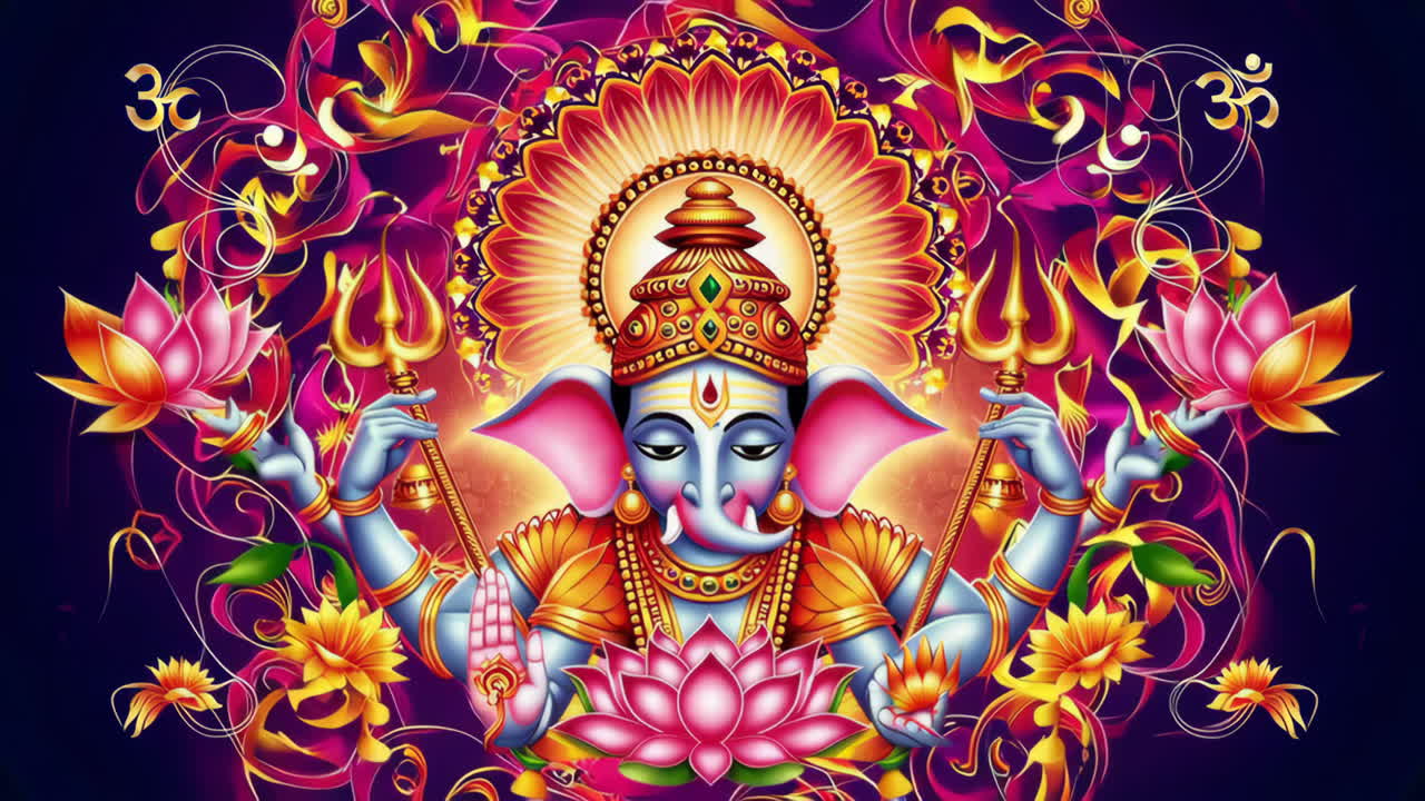 Vibrant Illustration of Hindu God Ganesha with Spiritual Symbols