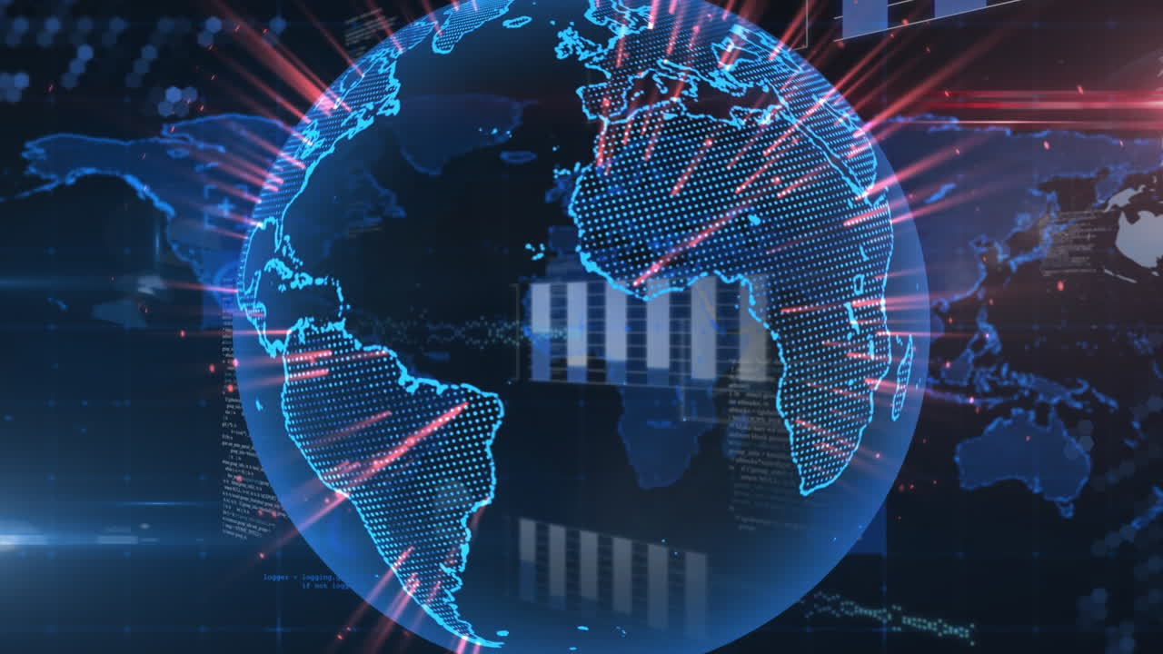Animation of blue globe with glowing communication network over data processing on black background