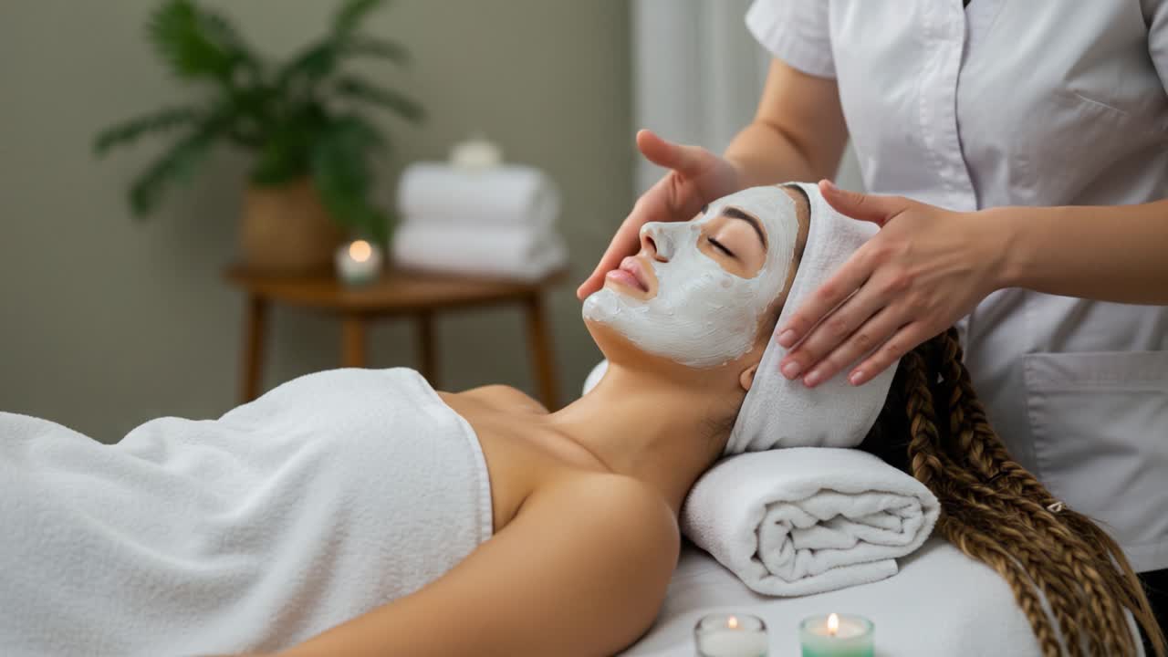Relaxing Spa Treatment: A Woman Receives a Rejuvenating Facial Mask While Enjoying a Soothing Massage in a Calming Atmosphere Surrounded by Candles and Soft Towels