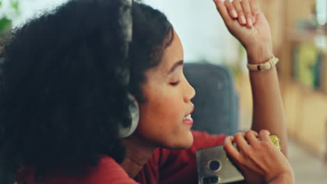 phone, music and dance with a black woman singing