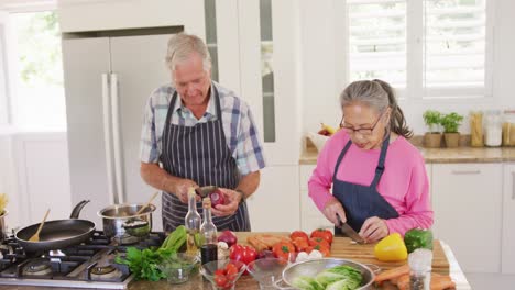 Glückliches,-Vielfältiges-älteres-Paar,-Das-Schürzen-Trägt-Und-In-Der-Küche-Kocht