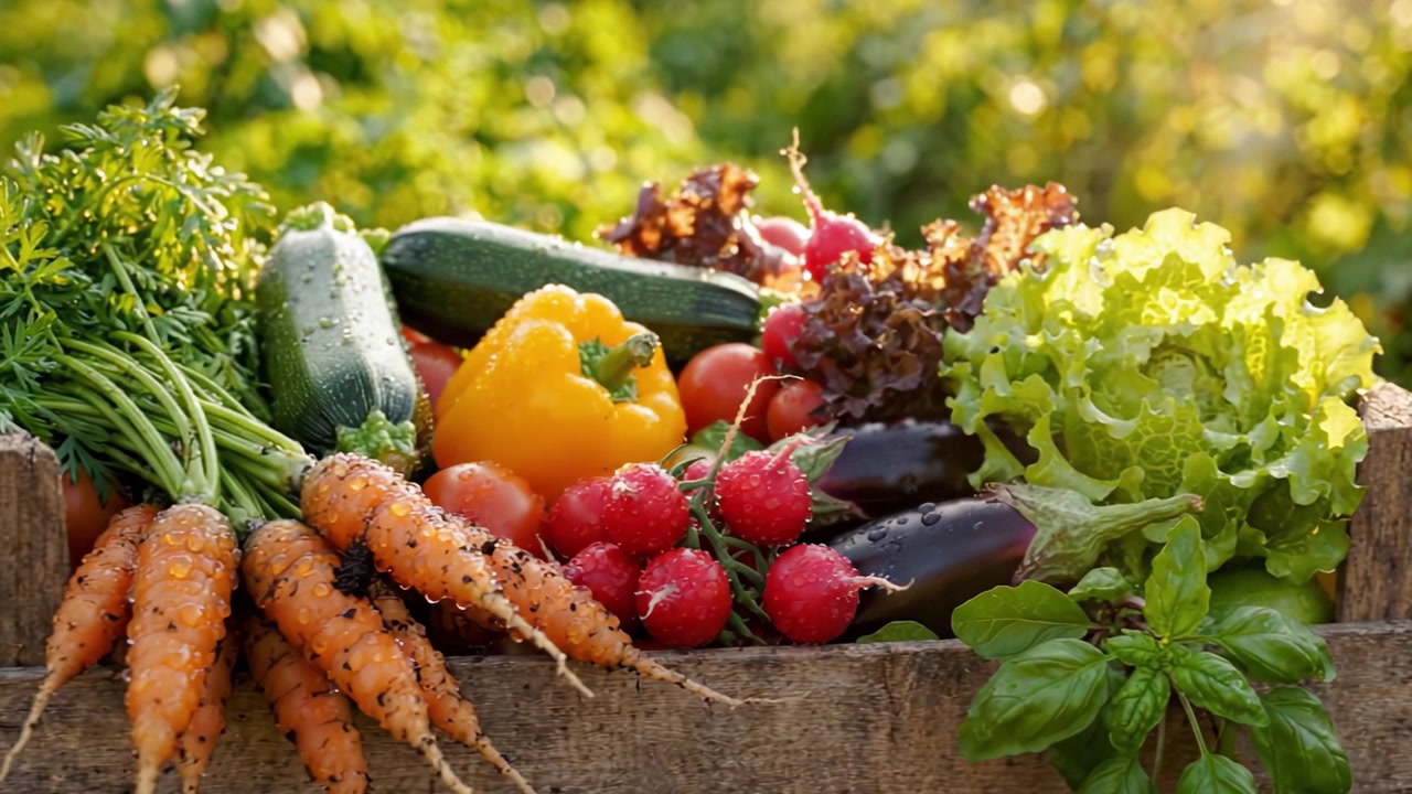 Vibrant Harvest Basket Filled with Fresh Garden Vegetables Including Carrots, Peppers, Radishes, Lettuce, and Zucchini Surrounded by Lush Greenery in Sunlit Setting