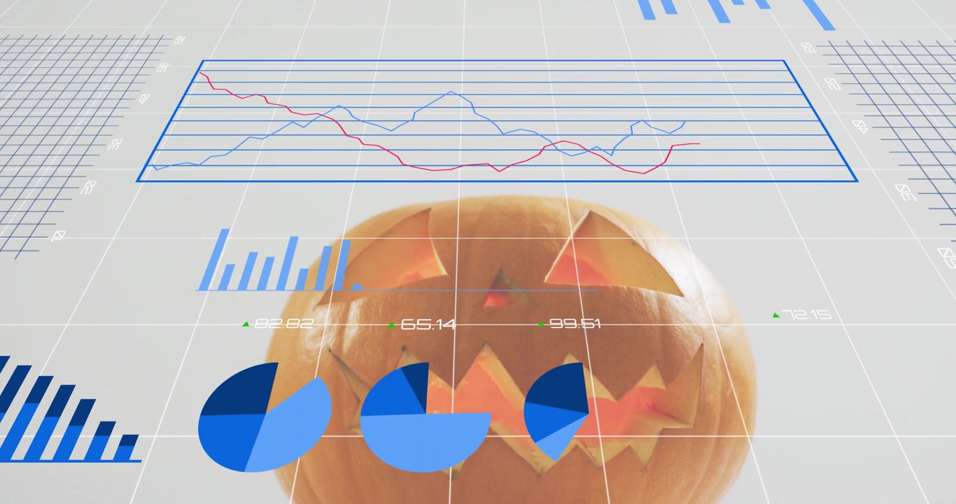 Opening showing carved pumpkin centering grid floor, charts evolving, illustrating analytics trends