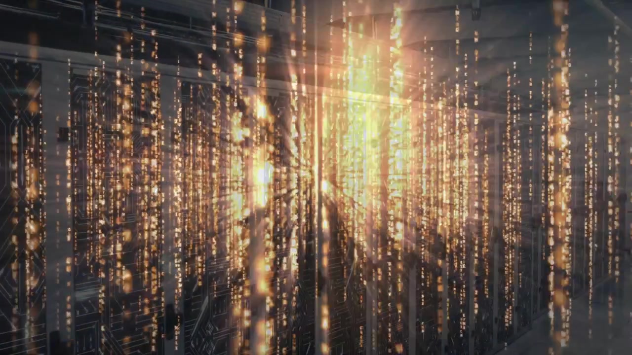 Flussi di dati dorati che iniziano in un corridoio di rack di server, formando un bagliore pulsante che mostra il flusso di dati.