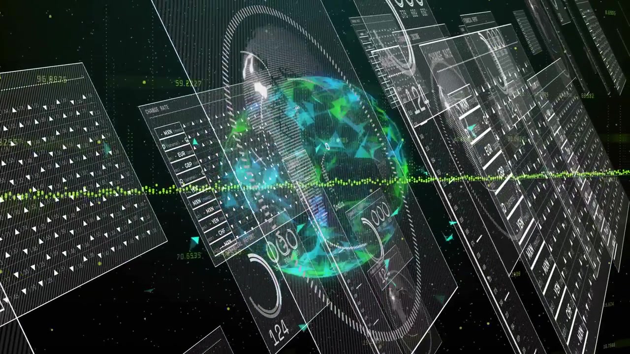 Holographic globe rotating among data panels and shifting gauge charts over starfield in 3D render