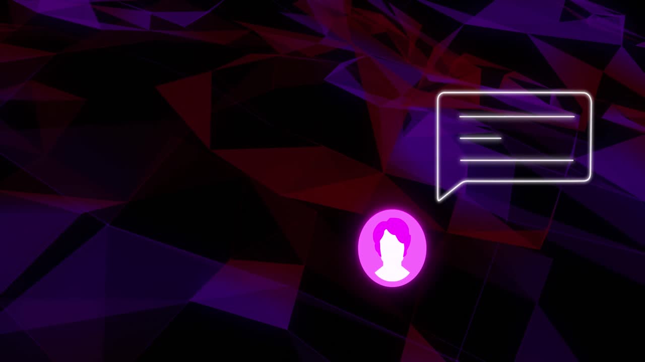 animación de formas violetas y rojas y alerta de redes sociales con icono de usuario sobre fondo negro