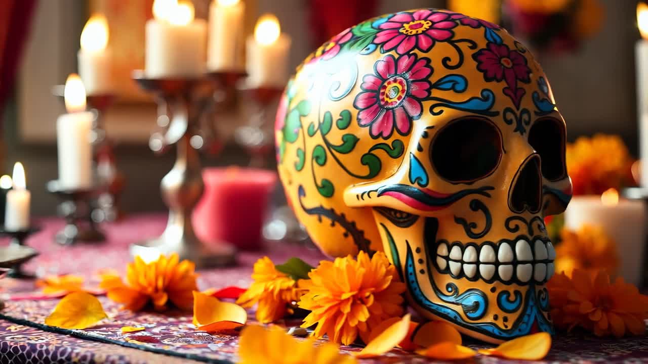 cráneo de azúcar decorado con flores y velas