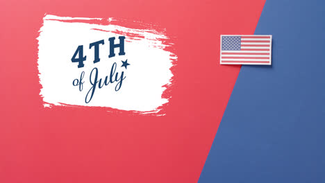 animation of 4th of july text over flag of united states of america on red and blue background