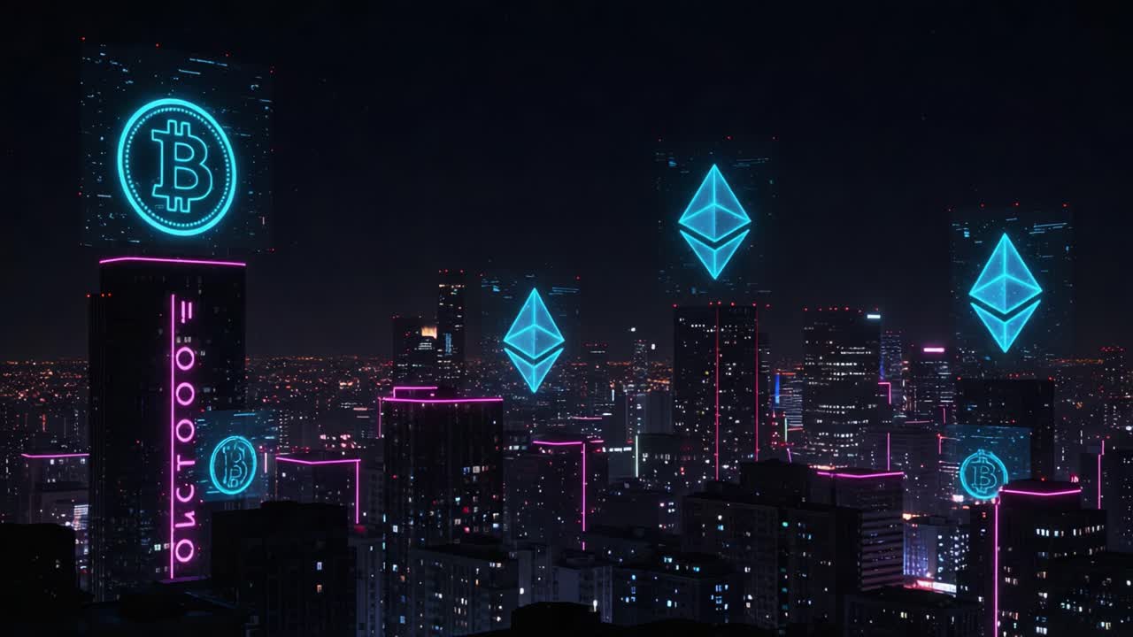 Futuristic Cityscape at Night Showcasing Cryptocurrency Symbols with Neon Lights Highlighting Digital Currency Trends and Urban Innovation in a Vibrant Metropolis