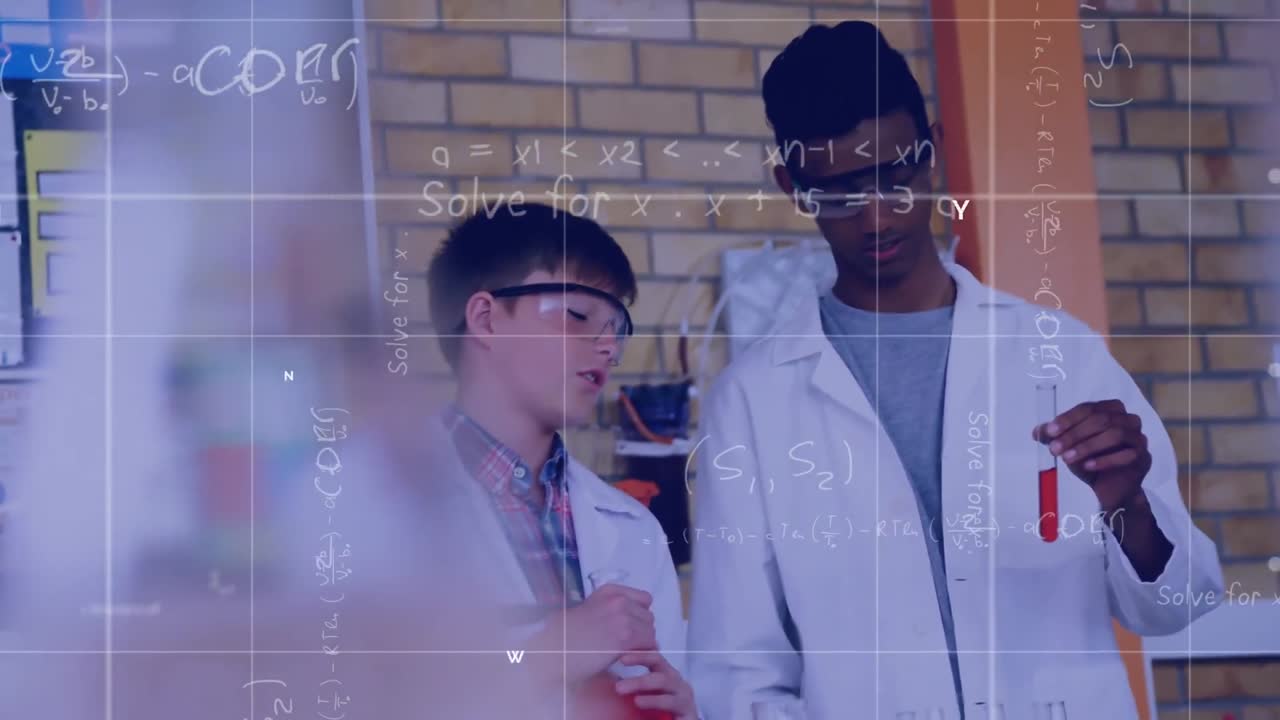 Animation of mathematical sums over diverse students mixing liquid in test tube in school