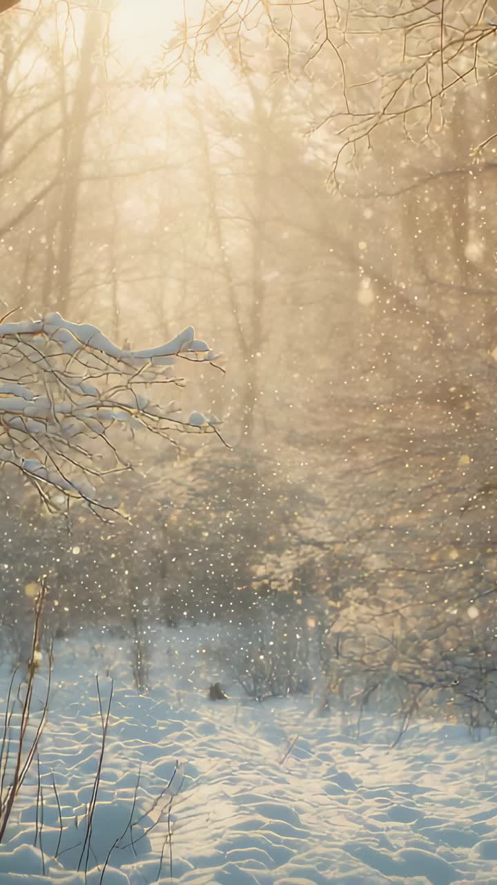 Vertical video: Shifting snow branch entering left forest clearing as sun brightening, copy space