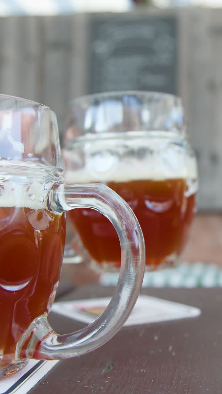 Duas canecas de cerveja tradicionais sobre uma mesa de madeira, em um jardim de cerveja ao ar livre, sob luz natural e com foco raso.