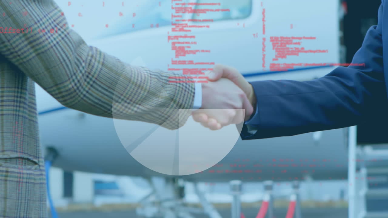 Abstract shape and data processing on mid section of two businessmen shaking hands at airport runway